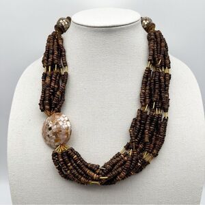Mother Of Pearl Pendant Multi Strand Wood Bead Chunky Statement Necklace 24”